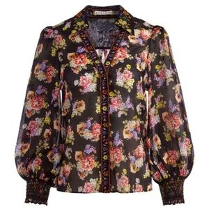 Alice + Olivia Women Floral Sheer Black and Multicolor floral Blouse size small